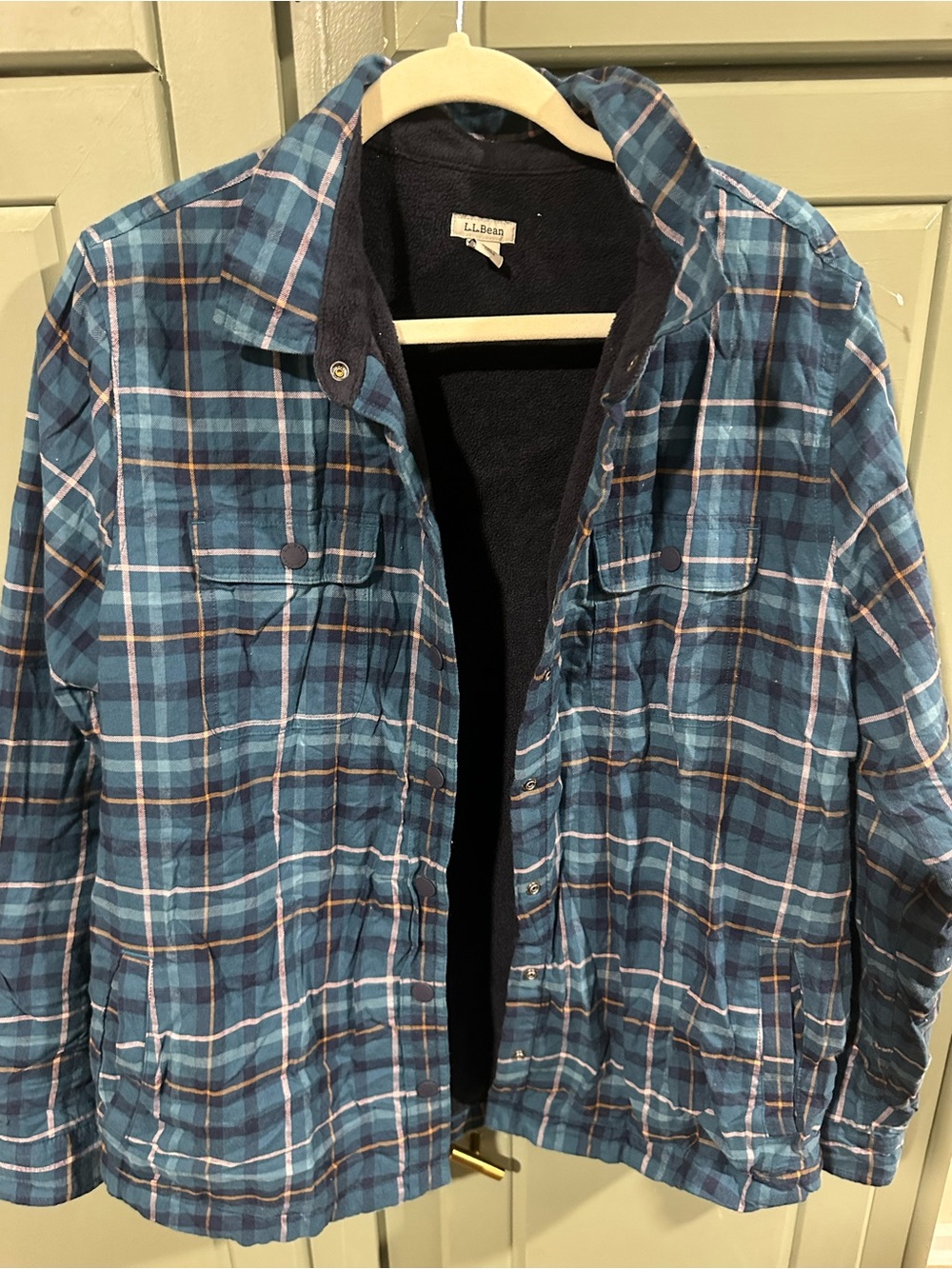 L.L. Bean Teal and Navy Plaid Fleece lined Light Jacket/Thick Button up